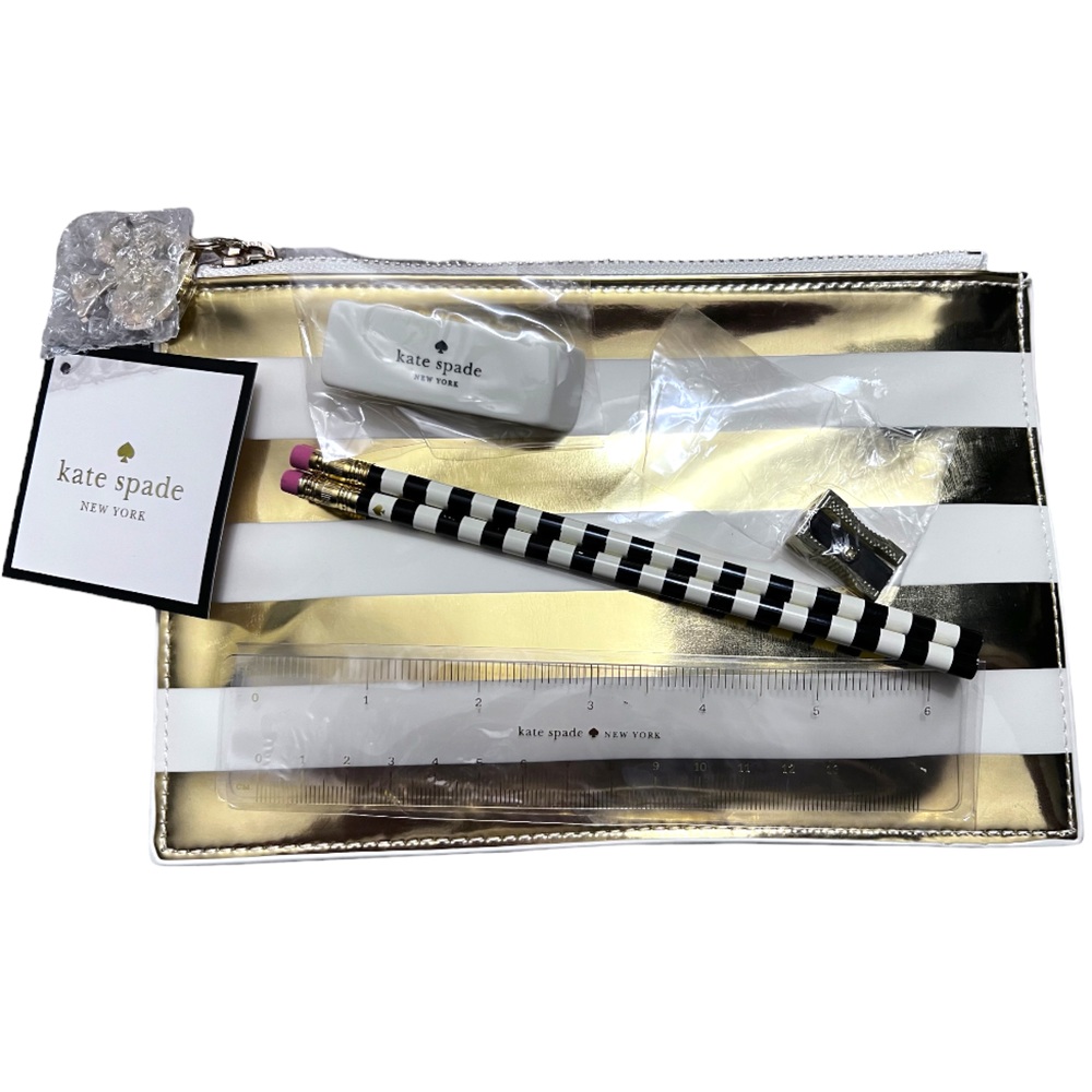 Kate Spade Zipper Pencil Pouch Bag Purse Gold & Cream Stripe Zip + Accessories